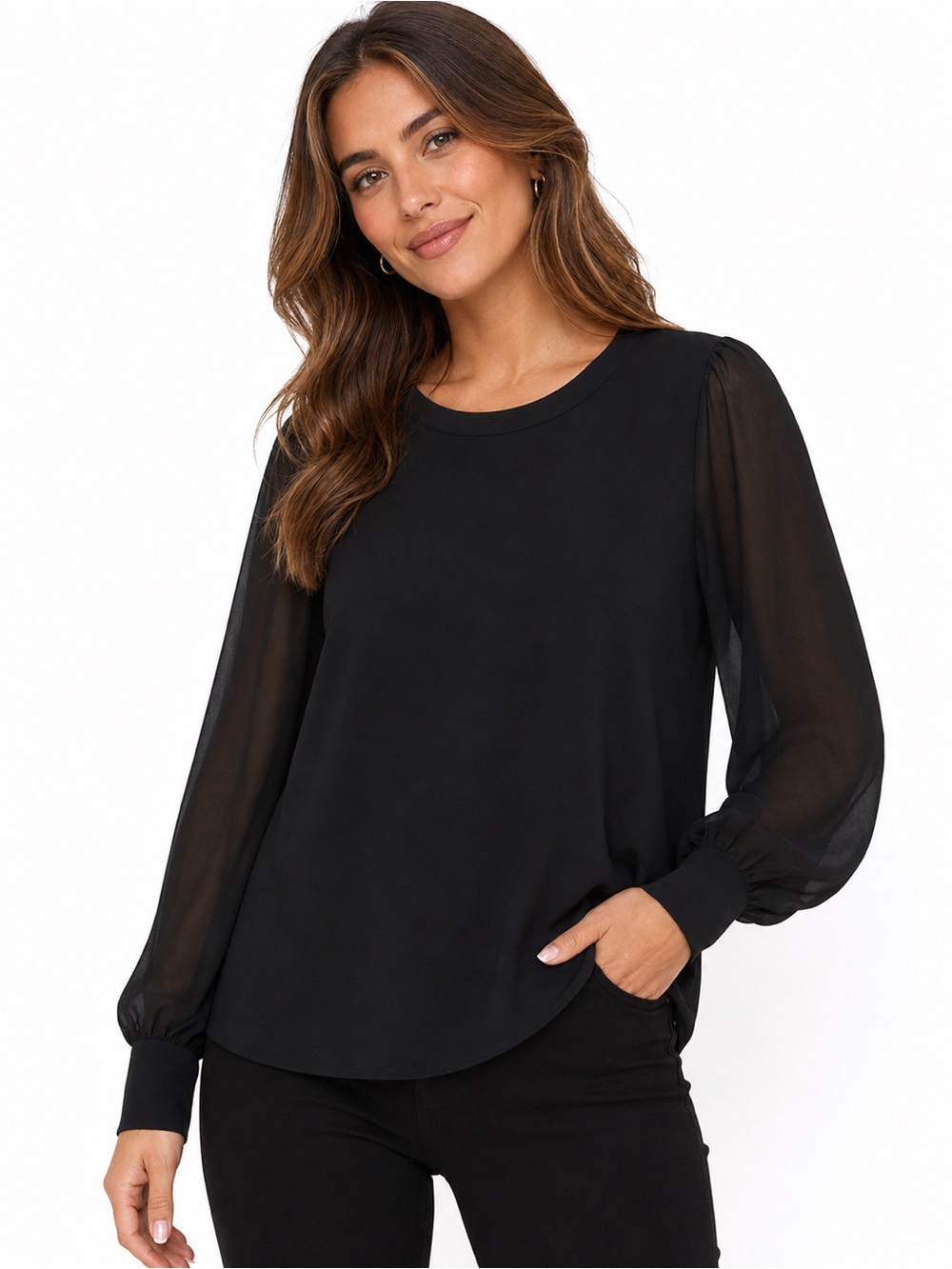 Banana Republic Black Sheer Sleeve Blouse Women’s Small Long Sleeve Top - Picture 2 of 10
